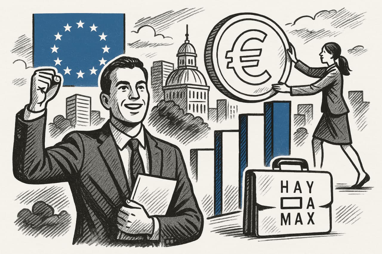 Engraved illustration: the European market, in the Haydamax tradition